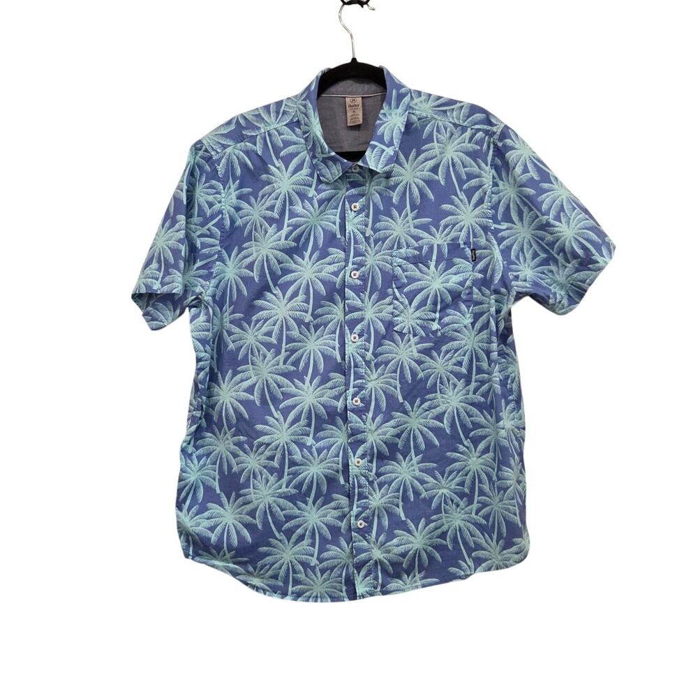 Hurley Hawaiian Shirt Blue Palm Tree Tropical Button Up Beach Mens Size XL